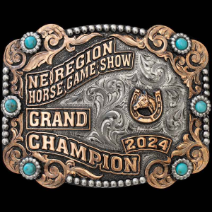 A custom farming belt buckle trophy for Region 7 Livestock Show Champion featuring a cow, goat, lamb and pig figures 